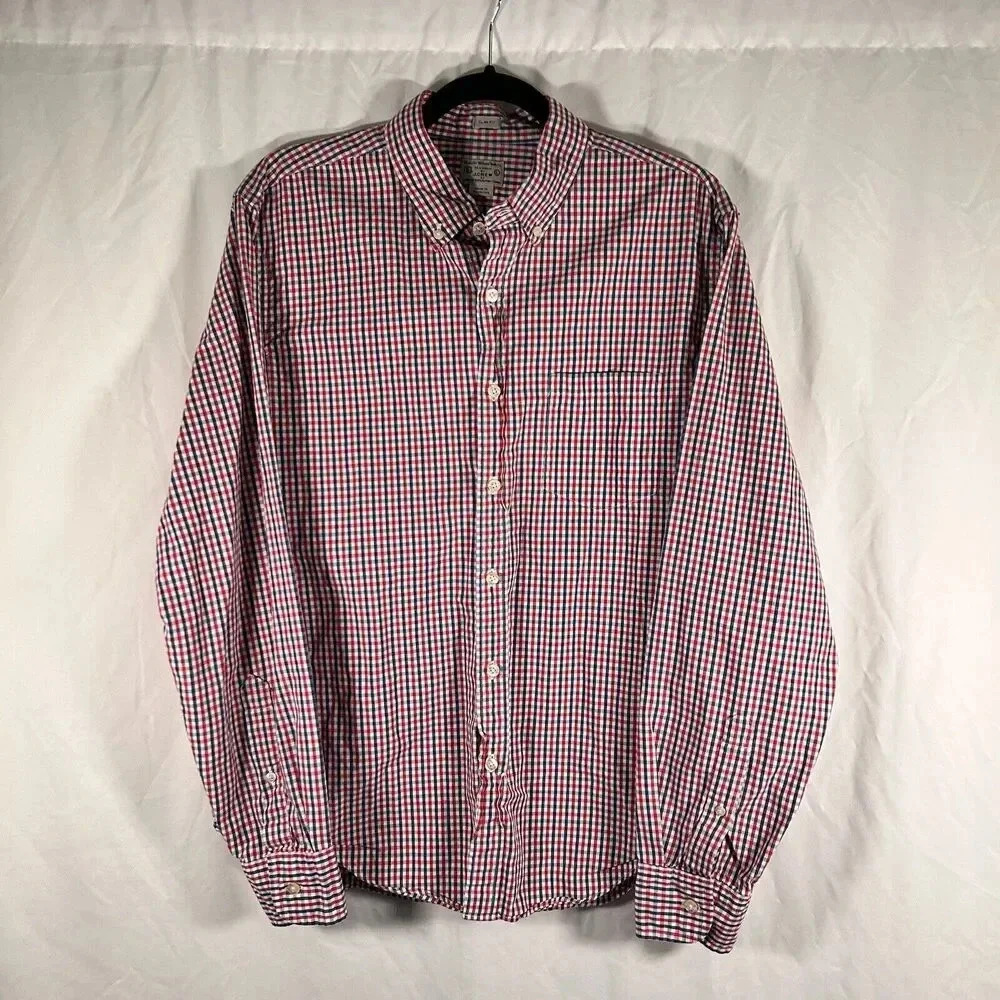 J Crew Dress Shirt Men's Large Red Blue Plaid Button Up Long Sleeve Slim